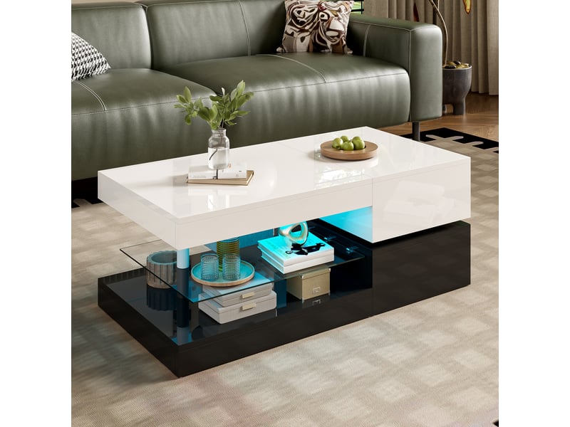  Table basse rectangulaire 90x45x35,5 cm avec led et étagère en verre, design noir et blanc contrasté, aggloméré  - Conforama W