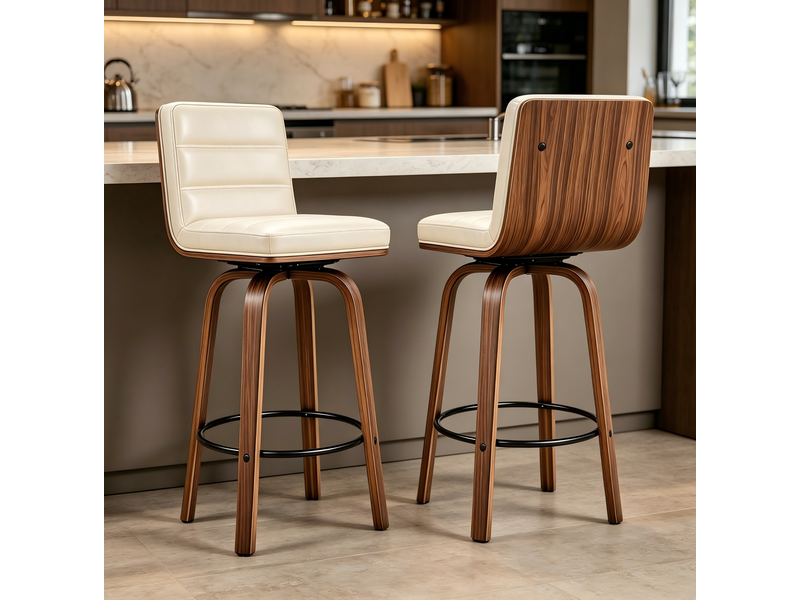  Tabouret de bar pivotant en pu avec pieds en bois courbés - chaise design pour cuisine, bar et comptoir  - Conforama B