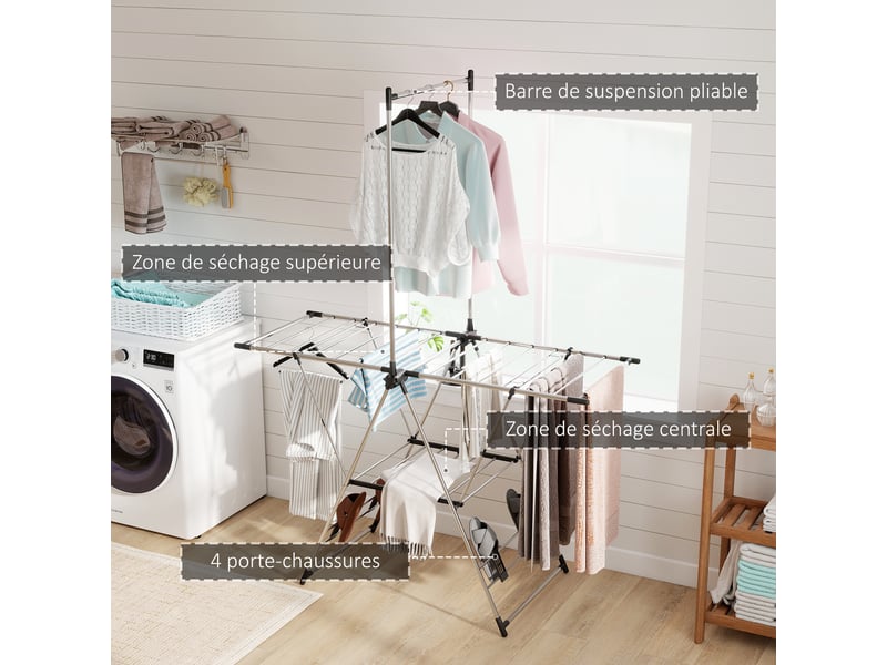 Séchoir à linge étendoir pliable, ailes réglables 5 niveaux, 4 supports à chaussures, acier inoxydable, argenté - Conforama D