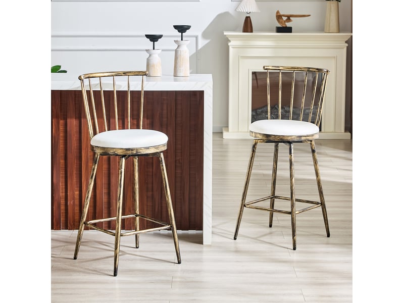  Tabouret de bar avec siège rembourré et repose-pieds, style industriel, en métal et simili cuir marron et blanc  - Conforama C