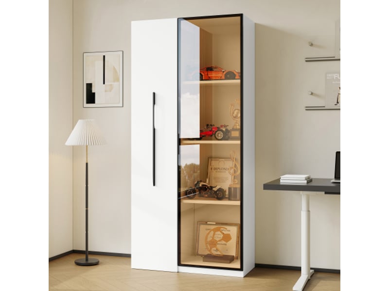 Buffet haut vitrine complet mobile 160cm, structure aluminium, vitre trempée, lumière led, porte + tiroir latéral  - Conforama D