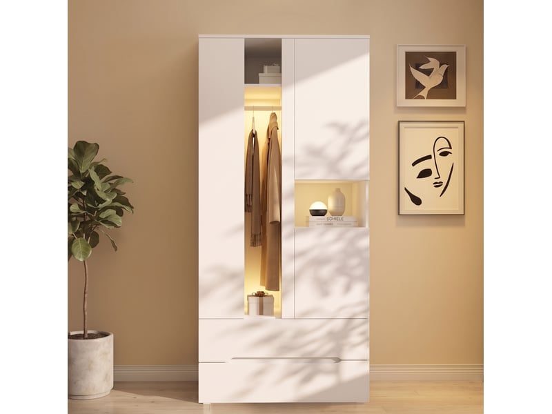 Armoire tcqpz 3 portes 90 x 50 x 200 cm avec led, 2 tiroirs, 6 niches et penderie, blanche  - Conforama D