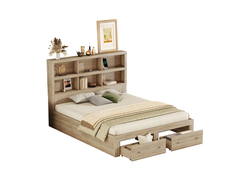  Lit double 160*200cm en panneau de particules, deux tiroirs au pied, tête de lit avec rangement, naturel  - Conforama A
