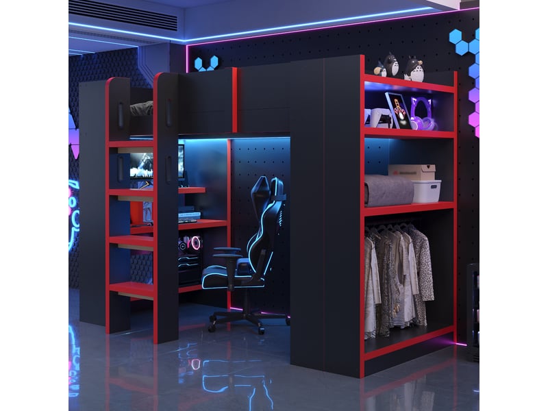  Lit mezzanine 90 x 200 cm avec bureau, support ordinateur, étagères, penderie, prise et éclairage led, noir et rouge Bliss Lite - Conforama E