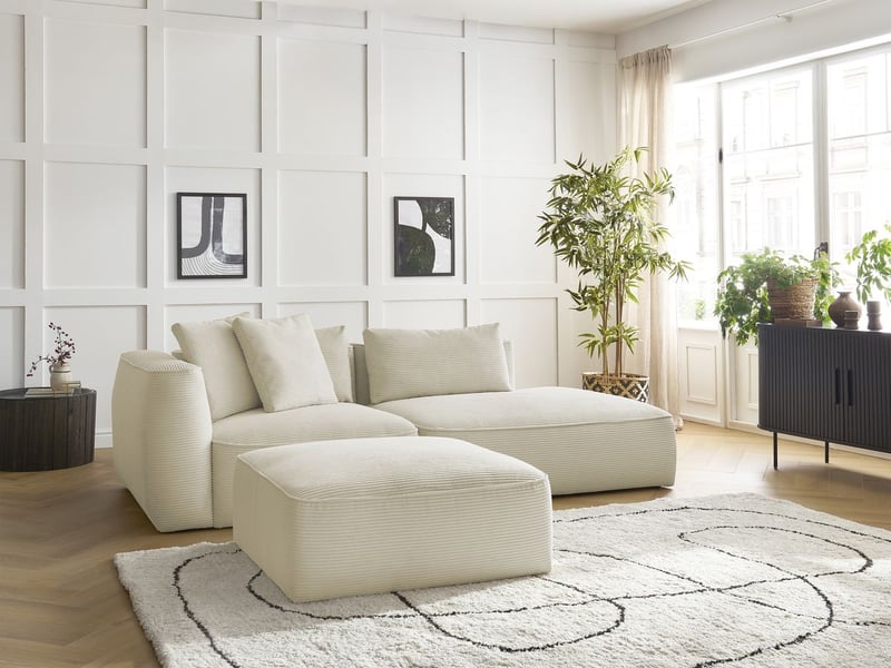  Bobochic canapé droit fixe 3 places leopold velours côtelé avec pouf beige  accoudoir gauche LEOPOLD - Conforama D