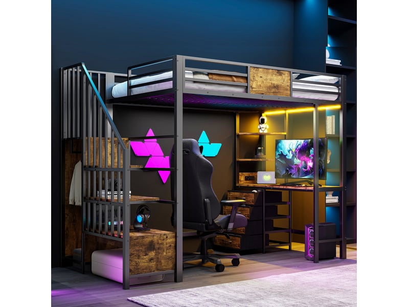 Lit mezzanine 90x200 gain de place 144 cm sous-lit bureau intégré rangements penderie prise led métal noir sans matelas - Conforama W