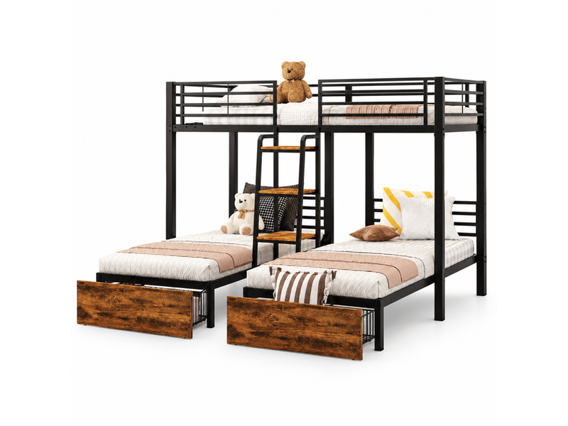  Lit superposé 3 places en l 90x200 cm, échelle intégrée, étagère rangement, barrières sécurité, métal et mdf enfants - noir  - Conforama A