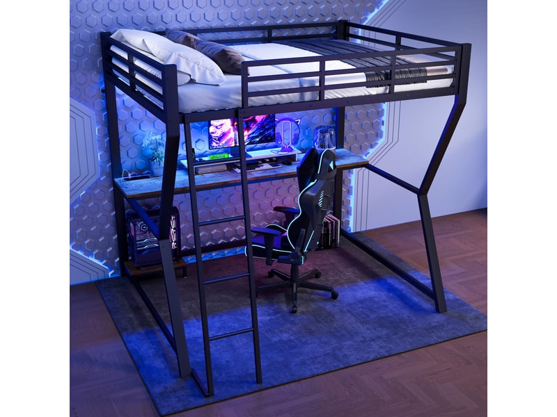  Lit mezzanine 140x200 cm avec bureau intégré, éclairage led télécommandé et prise usb, structure métal et mdf noir  - Conforama B
