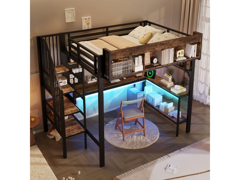  Lit mezzanine 140 × 200 cm, avec bureau, étagères de rangement, panneau perforé, prise de courant et ruban led, adapté aux enfants et adolescents, noir et marron  - Conforama B