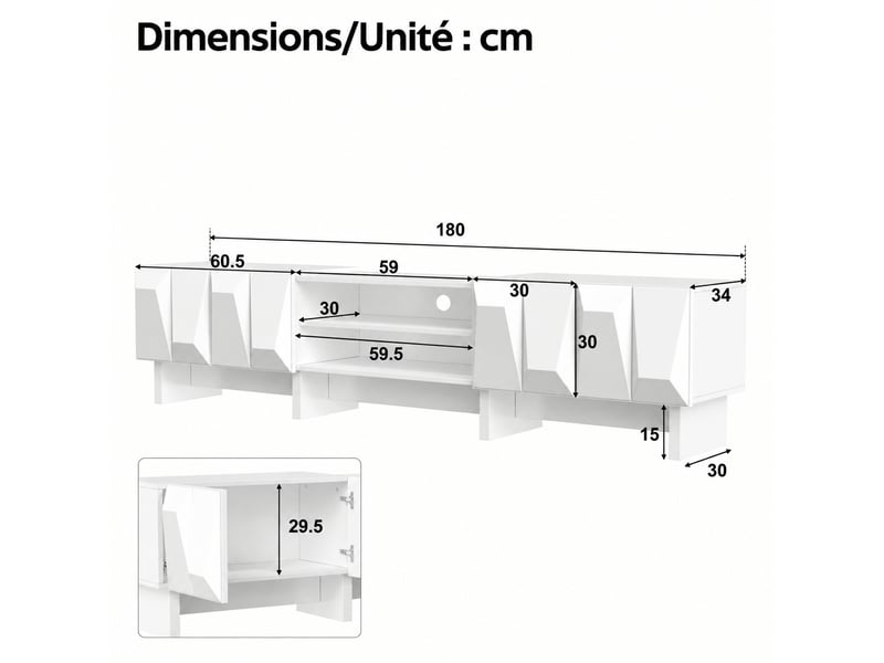  Ensemble meuble tv et table basse blanc avec façades à relief géométrique  - Conforama C