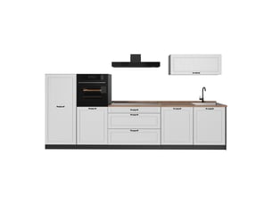 Vicco cuisine, blanc campagneanthracite, 340cm plan de travail chêne doré