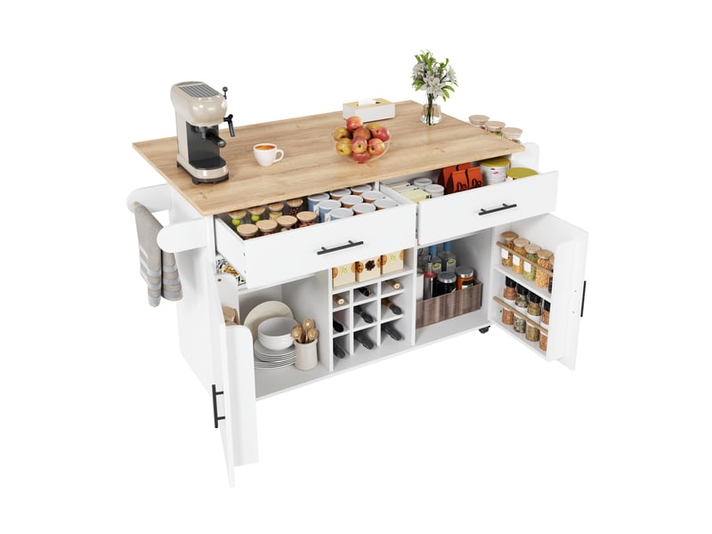  Desserte de cuisine à plateau rabattable avec 2 tiroirs, range-bouteilles et porte-serviettes, blanche, 120 × 45 × 84 cm  - Conforama A