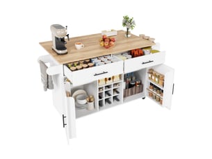 Desserte de cuisine à plateau rabattable avec 2 tiroirs, range-bouteilles et porte-serviettes, blanche, 120 × 45 × 84 cm