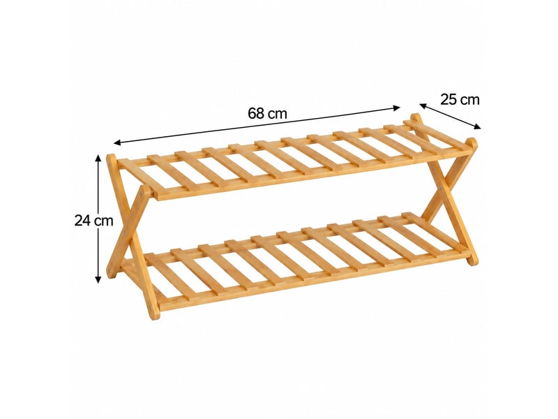  Étagère à chaussures pliable 2 niveaux en bambou naturel, capacité 6 paires - longueur 68 x profondeur 25 x hauteur 24 cm  - Conforama C