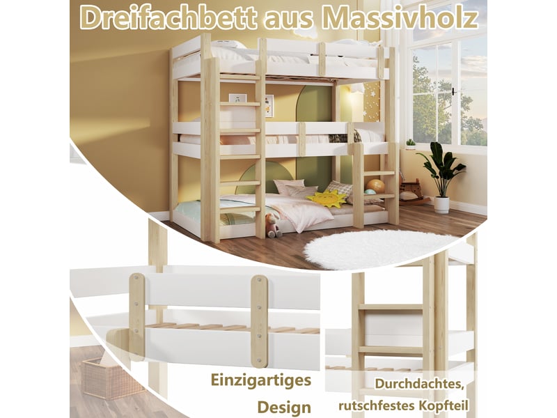 Lit superposé cabane 90 x 190 cm avec garde-corps sur les couchages, échelle d'accès et trois niveaux de couchage, barrières de sécurité, pin, blanc Morn Vibe - Conforama E