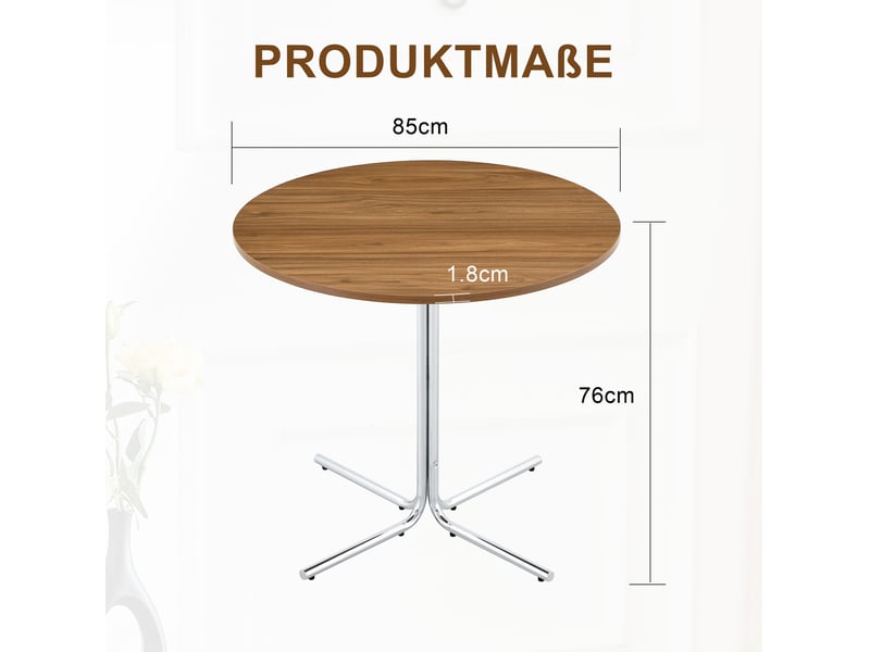  Table de salle à manger ronde fixe en mdf noyer avec piètement en métal chromé et patins antidérapants 85 × 76 cm  - Conforama C