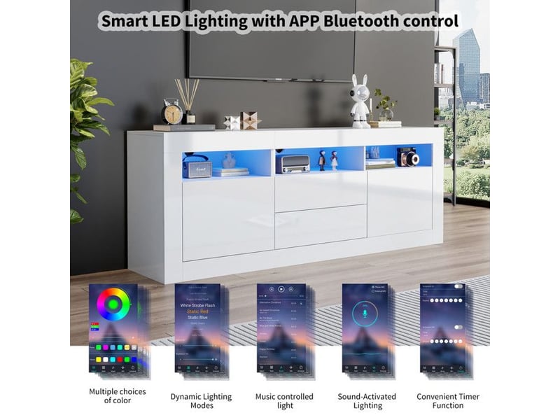  Meuble tv blanc brillant 160cm - leds synchronisées musique + app control - gestion câbles intégrée - tiroirs poussoir sans poignée  - Conforama D