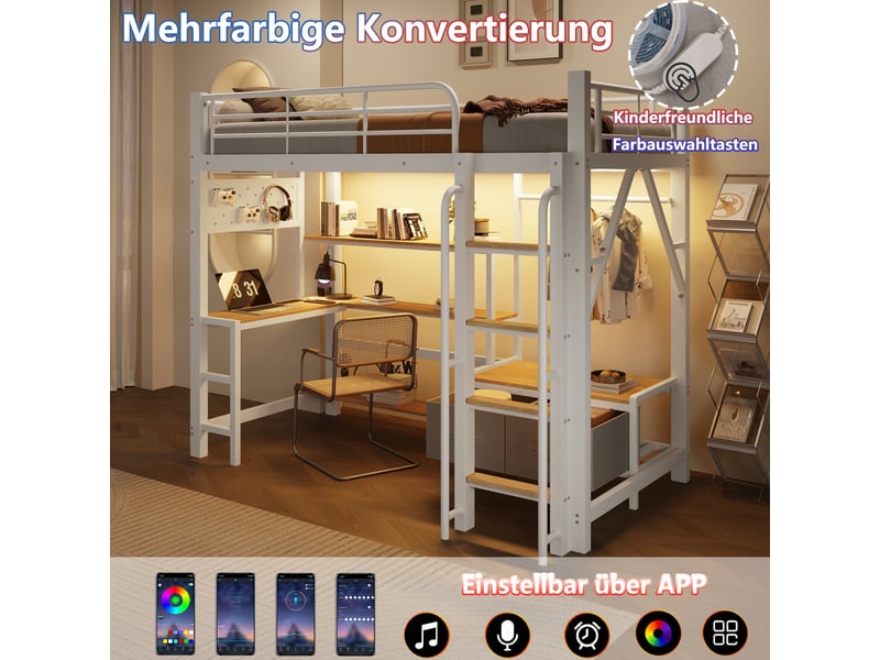  Lit mezzanine enfant 1 place 90×200 cm, bureau, led, usb et rangement  - sans matelas, métal mdf blanc  - Conforama E
