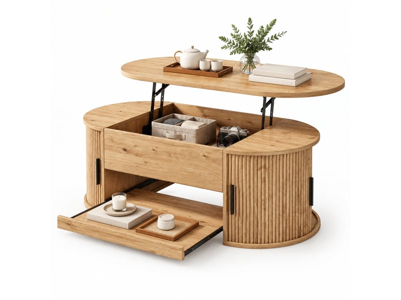 Table basse relevable 110x55 cm – naturel – rangement caché, portes latérales coulissantes, tablette extractible - Conforama A