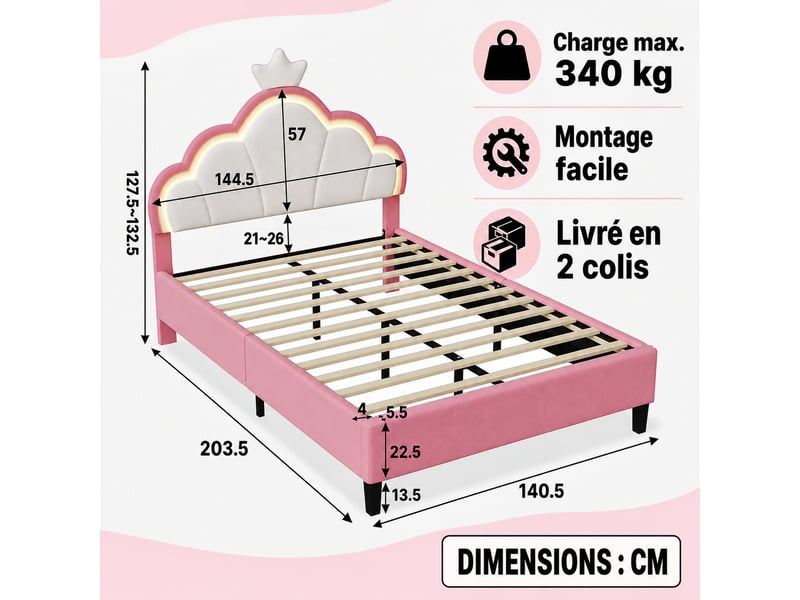  Lit pour enfant rembourré 140 x 200 cm,lit princesse avec tête de lit à couronne led, lit fille, réglage hauteur, velours rose  - Conforama C