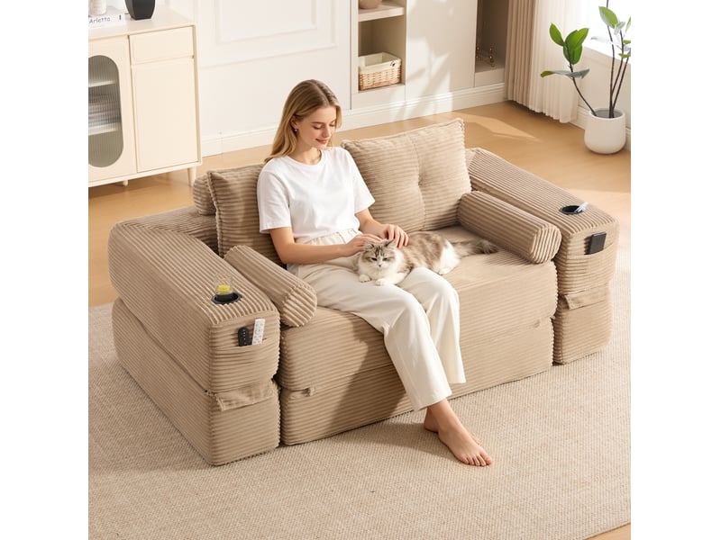  Canapé convertible 2 places en velours côtelé beige avec poches latérales et porte-gobelets  - Conforama D
