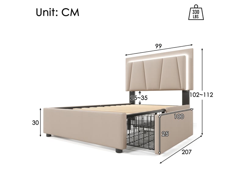  Lit simple 90x200 cm avec led, tête de lit réglable et 2 tiroirs beige  - Conforama E