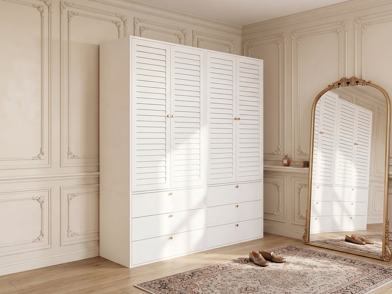  Armoire de chambre, 4 portes battantes, 6 tiroirs, 2 penderies, panneaux de particules, 180 × 50 × 200 cm, blanche  - Conforama B