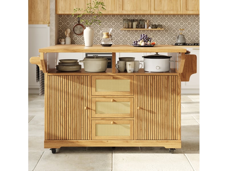  Desserte de cuisine pliable 142,5 x 80 x 95 cm sur roulettes, mdf, coloris naturel  - Conforama E