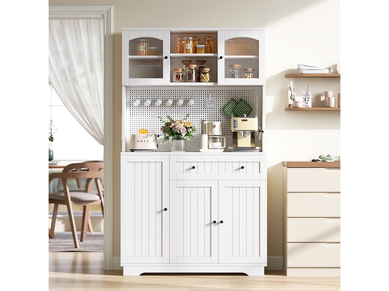 Buffet de cuisine haut 103,5x40x180 cm avec portes vitrées, étagères réglables, panneau perforé, tiroir, rangements, meuble blanc pour cuisine - Conforama B