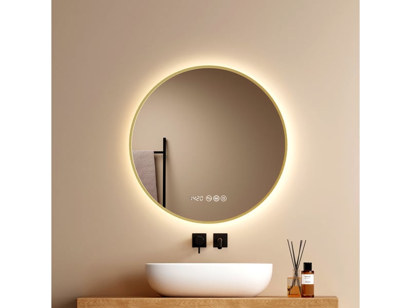  Emke miroir de salle de bain led rond 60x60 cm cadre or brossé, anti-buée, horloge, tactile, température de couleur et luminosité réglables  - Conforama B