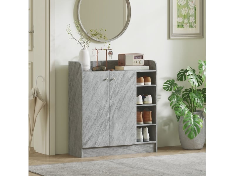 Meuble à chaussures de rangement avec 2 portes et 4 niches ouvertes, capacité 12 paires, pour entrée, gris 83 × 30 × 90 cm - Conforama D