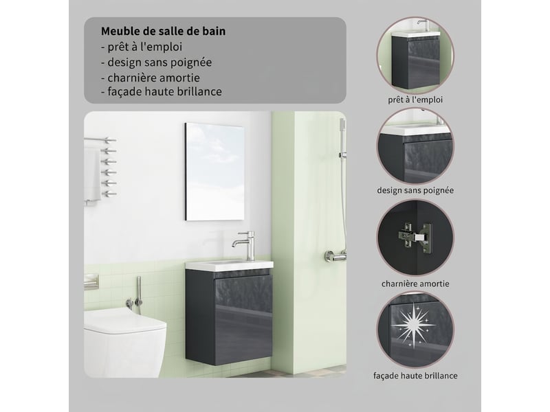  Meuble vasque suspendu 40 cm avec miroir, vasque céramique, gris brillant, gain de place  - Conforama R