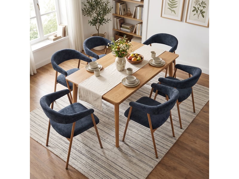  Chaises de salle à manger lot de 6 rembourrée en chenille, pieds en métal effet bois, bleu  - Conforama C