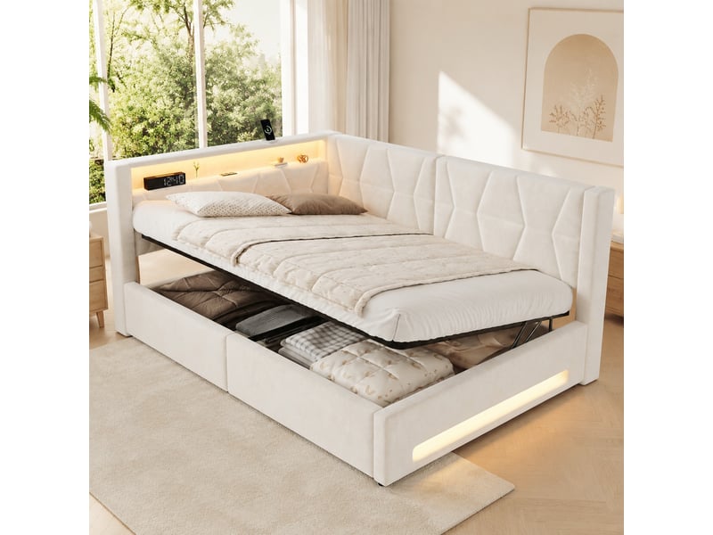  Lit coffre double 140×200 cm avec led, usb et type-c - okmyhome- en velours beige, sans matelas  - Conforama C