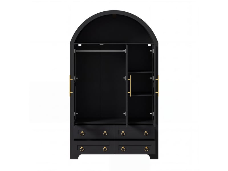  Armoire à 3 portes vitrées et 4 tiroirs, 110 x 50 x 186 cm, avec éclairage led, tringle intégrée et étagères, couleur noir  - Conforama E