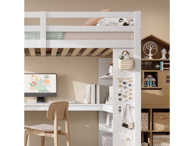 Lit mezzanine enfant 90 × 200 cm 1 place avec étagère, tablette d’angle et barrière, sans matelas, blanc - Conforama C