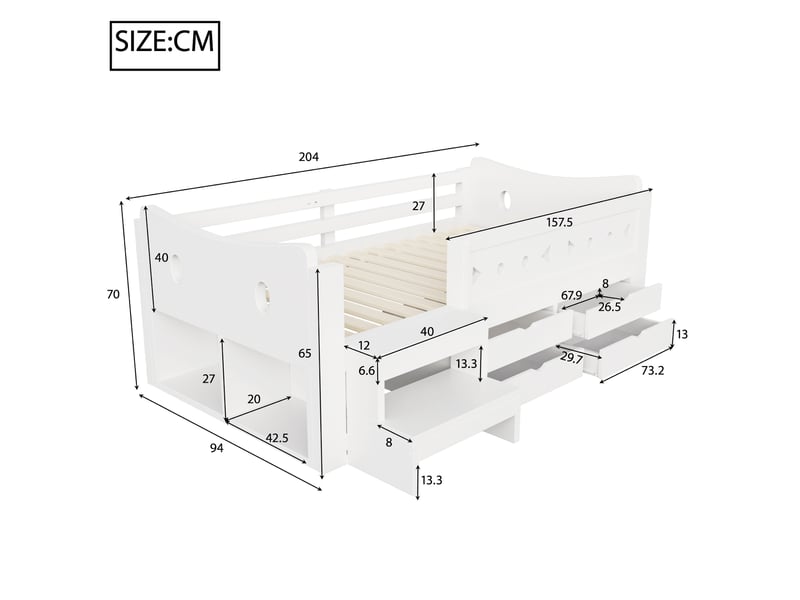 Lit enfant 90 × 200 cm avec 4 tiroirs, rangements, barrières de sécurité, led et prises usb type-c, blanc, chambre - Conforama C
