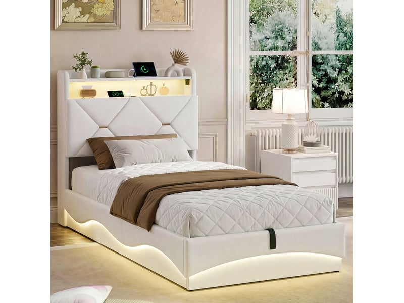 Lit coffre 90x200cm avec éclairage led et port de chargement, design ondulé, beige - Conforama B
