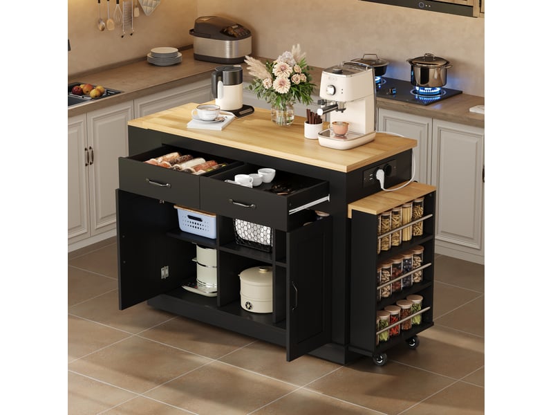 Îlot de cuisine mobile 142x55x93 cm avec 2 plans de travail extensibles noir - Conforama E