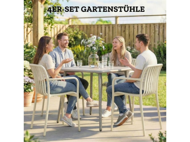  Lot de 4 chaises de jardin empilables crème, design lattes, accoudoirs, ergonomiques, terrasse  - Conforama B