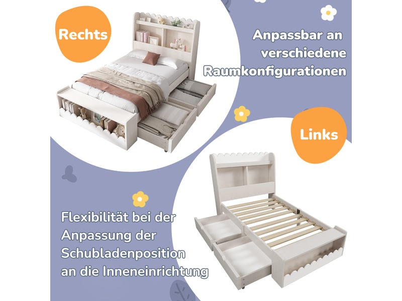  Lit enfant 90x200 cm bois blanc et chêne – rangements intégrés, tiroirs et étagère  - Conforama D