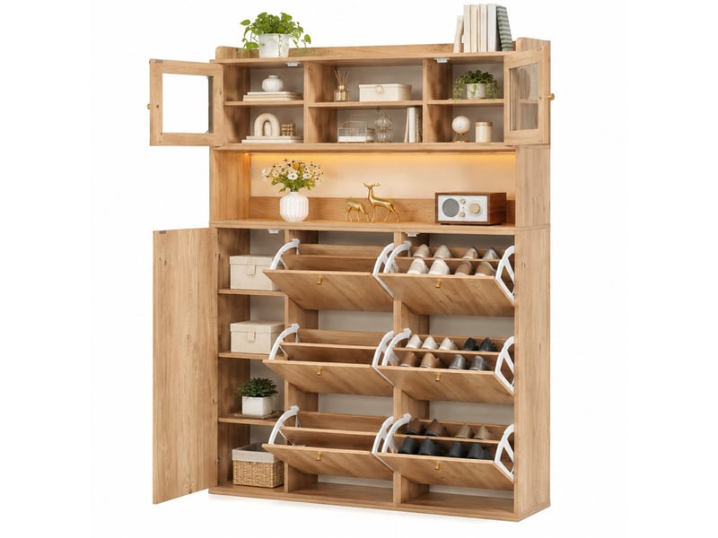  Meuble à chaussures 130x25x180 cm en panneaux de particules et verre avec led, 6 compartiments basculants, coloris naturel chicfurn  - Conforama A