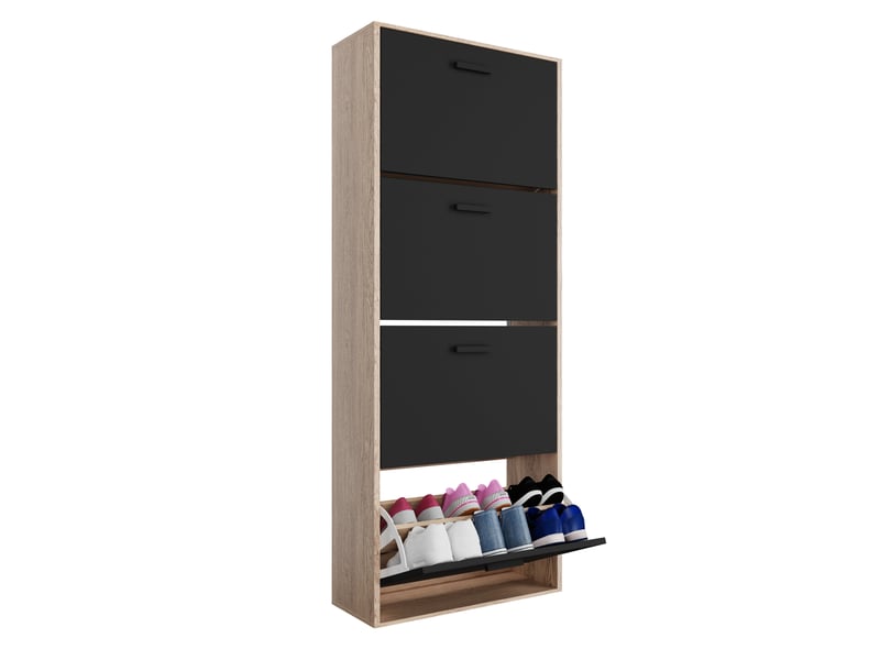  Casabel meuble à chaussures 24 paires, étagères ajustables, gain de place, portes noires et cadre bois clair 24 Paires Noir Bois Clair - Conforama R