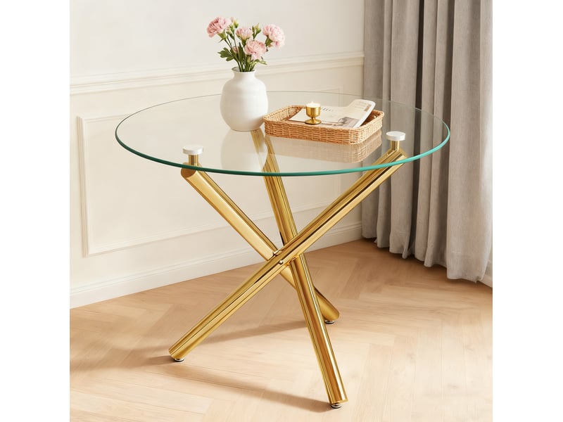  Table 2 à 4 personnes, plateau en verre trempé et métal doré  - Conforama B