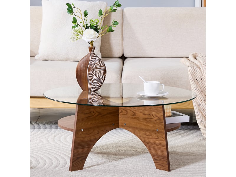  Table basse ronde ø 80 cm en verre de sécurité, piètement mdf aspect noyer  - Conforama D