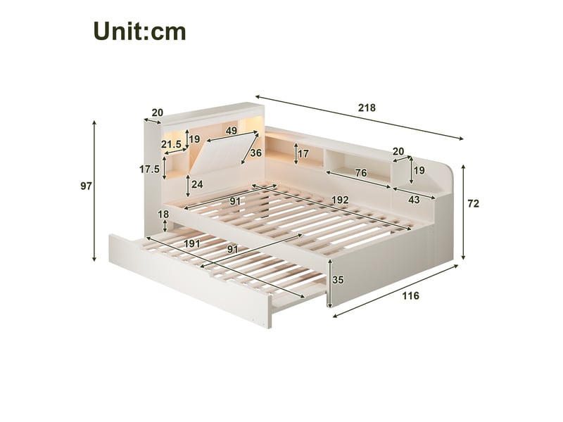  Lit banquette 90 × 190 cm avec lit gigogne, lit enfant en bois avec rangement, éclairage led, ports usb type-c et tête de lit rembourrée - blanc  - Conforama C