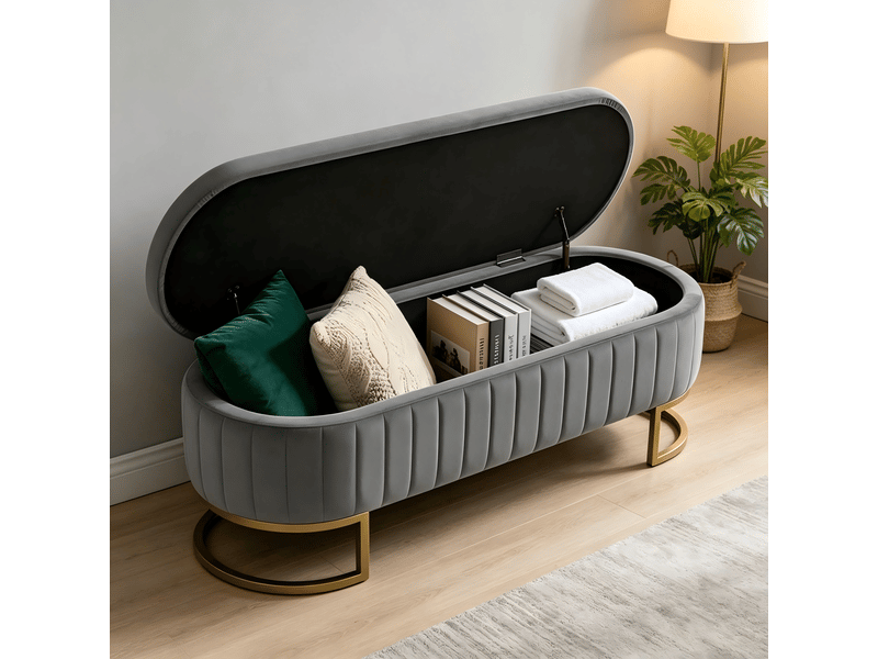  Banquette de lit en velours avec rangement 130 cm, pieds en métal doré, coffre intégré  - Conforama B