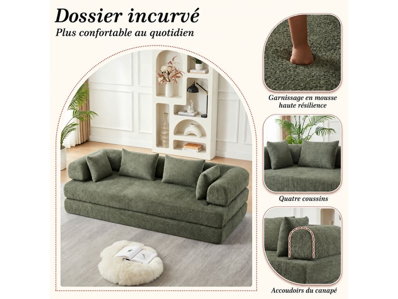 Canapé convertible modulable 2 places 4-en-1 200 x 95 x 68 cm, dossier réglable, sans montage, 4 coussins, tissu chenille vert - Conforama E