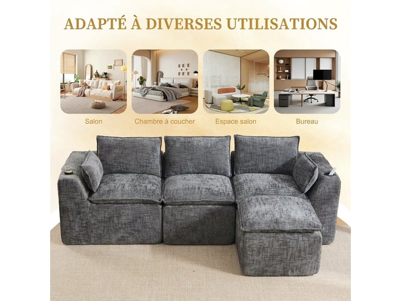 Canapé 3 places modulable gris foncé avec pouf - tissu chenille, porte-gobelet et poches - Conforama R