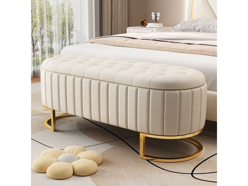  Banquette coffre 120 x 40 cm, coloris beige, tissu velours, rangement sous l'assise.  - Conforama C